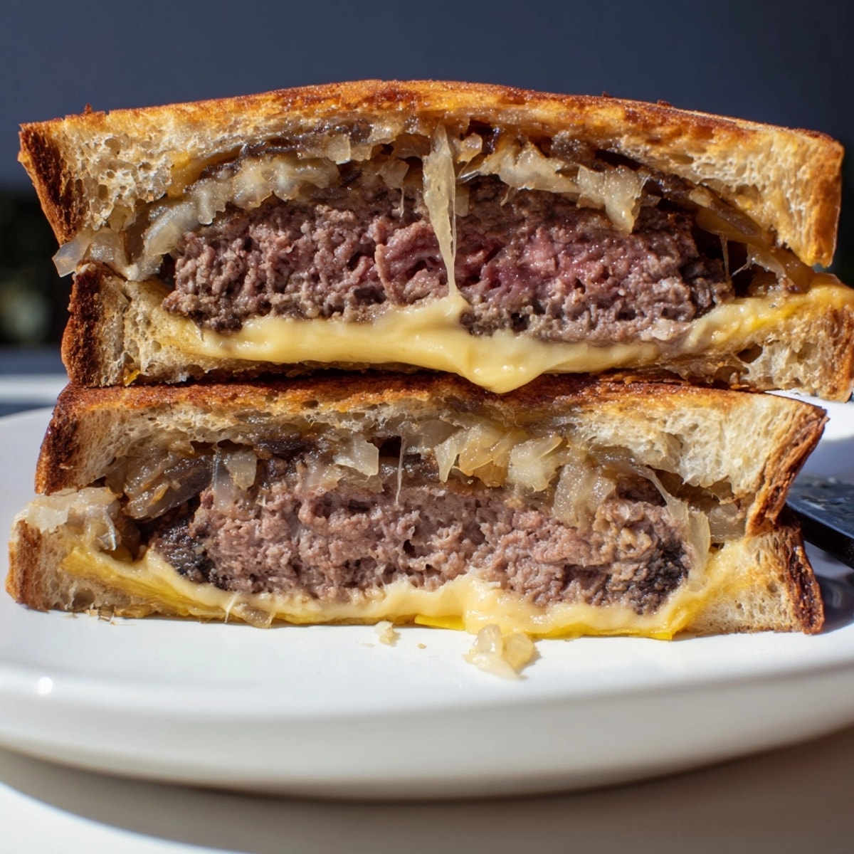 Golden cast-iron patty melts dripping with melted Swiss: classic diner comfort food.
