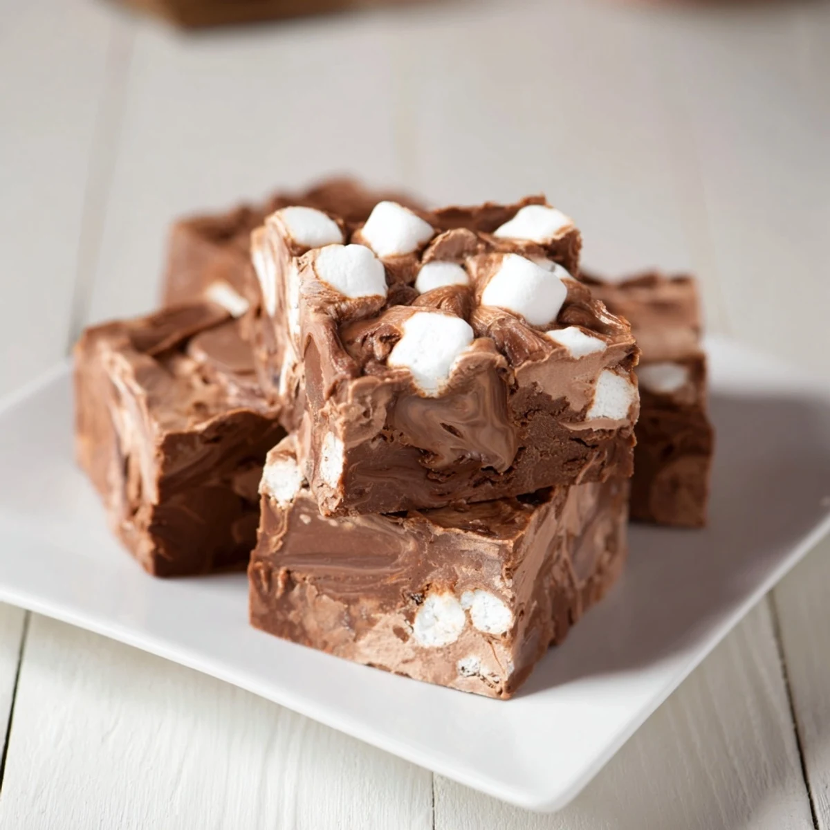 Close-up of Easy Marshmallow Fudge—rich, dark chocolate studded with fluffy white marshmallows.