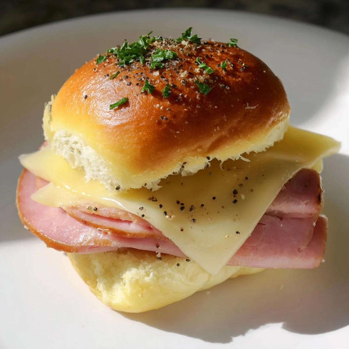 Melted cheese oozes from these inviting Baked Ham and Cheese Party Sliders, delicious and easy to prepare.