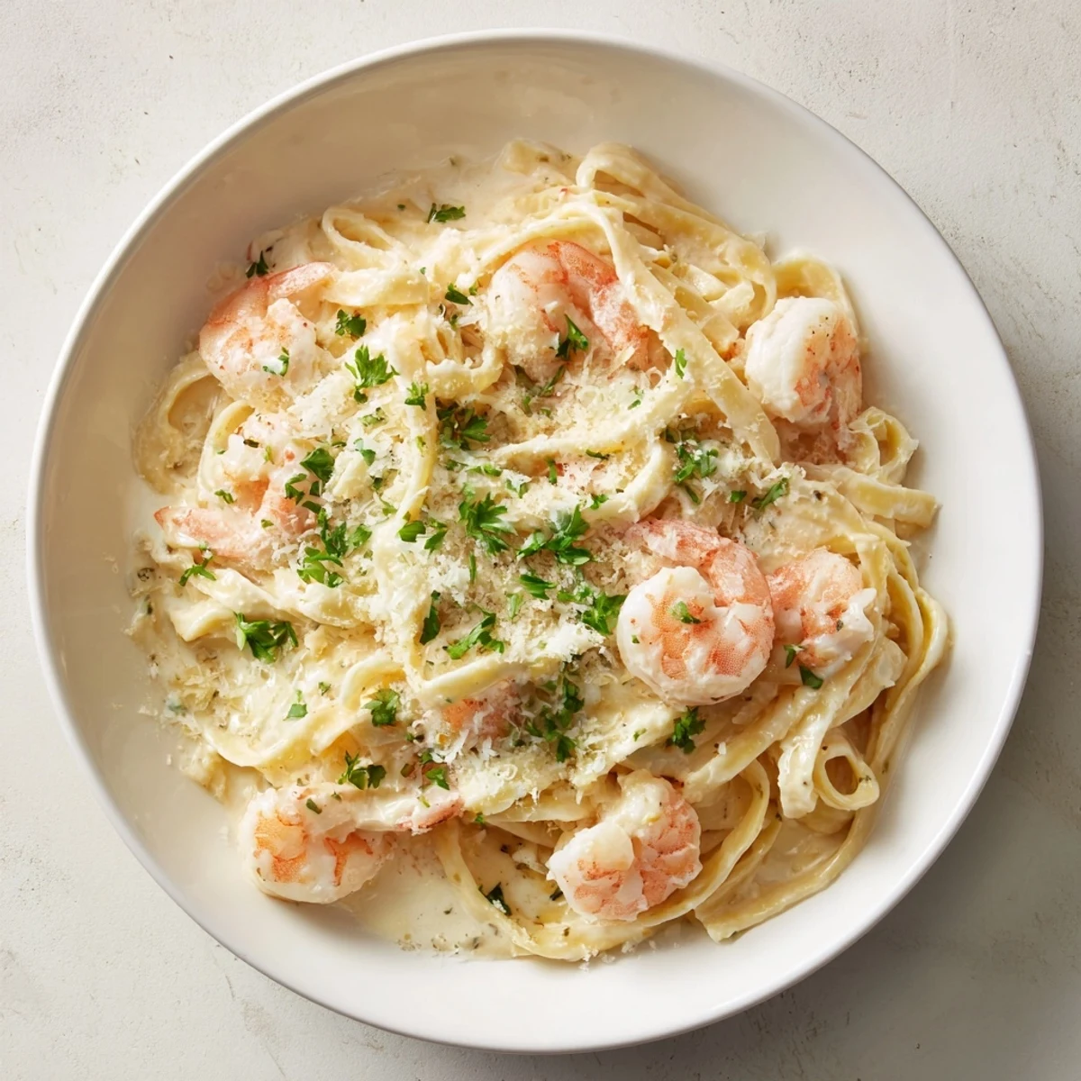Instant Pot Shrimp Alfredo Pasta, creamy and delicious, served with fresh parsley garnish.