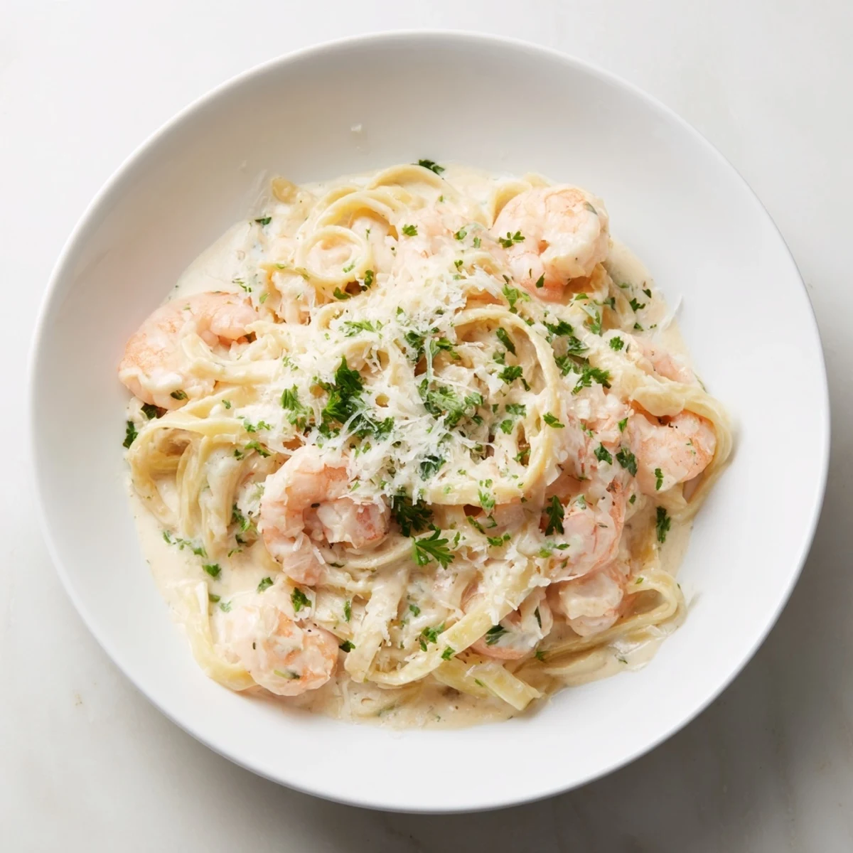 A close-up view of steaming Instant Pot Shrimp Alfredo Pasta, ready in just 20 minutes.