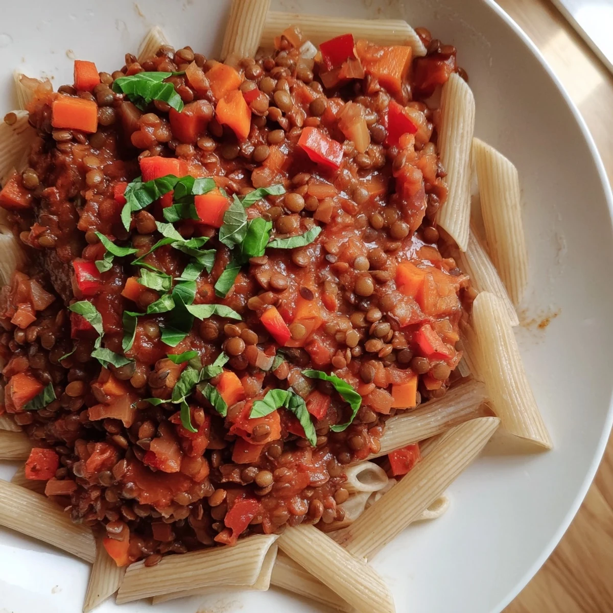 A bubbling pot of Plant-Based Lentil Bolognese, rich with vegetables and hearty lentils.