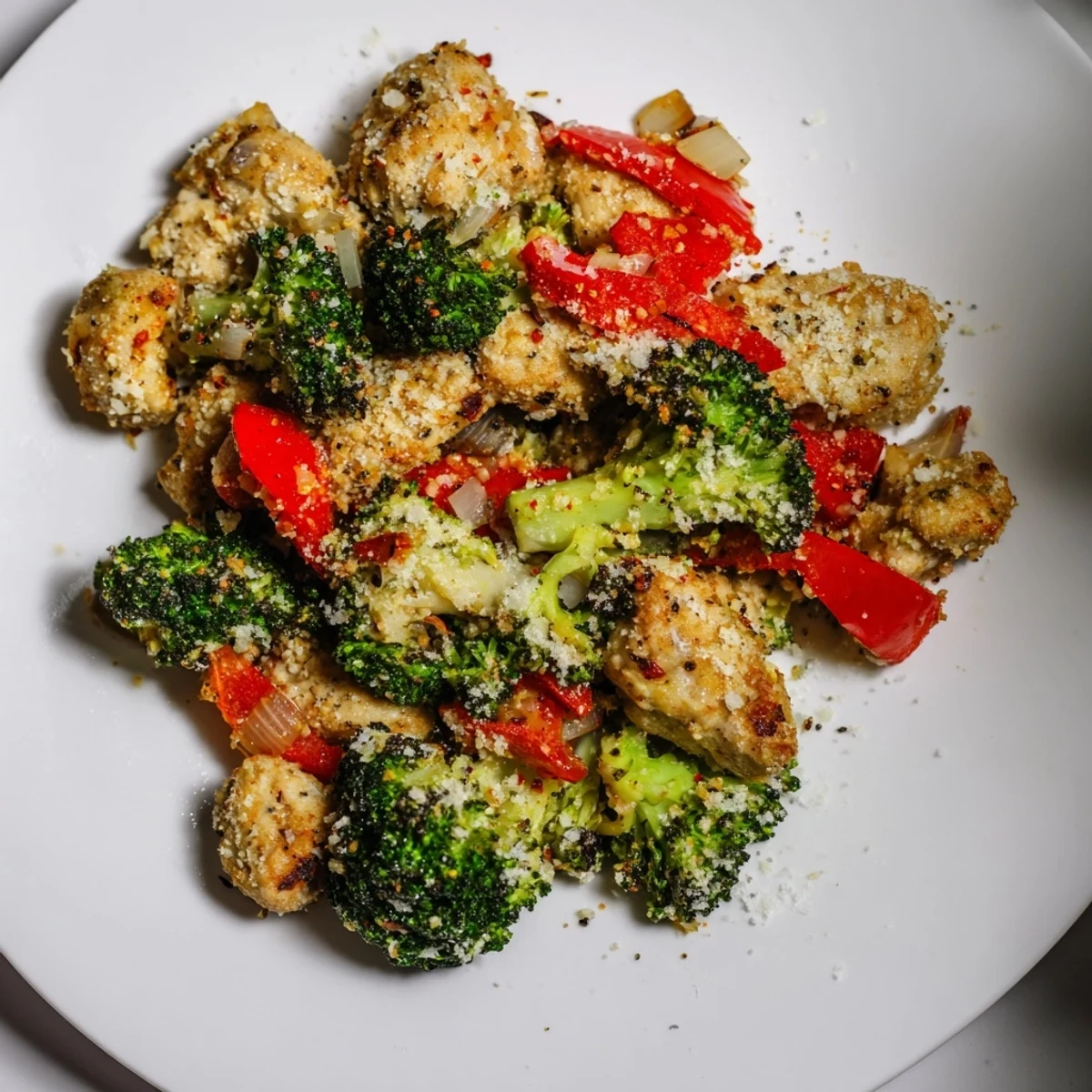 Golden Garlic Parmesan Chicken Bites, roasted with colorful vegetables and crispy edges, ready to eat.