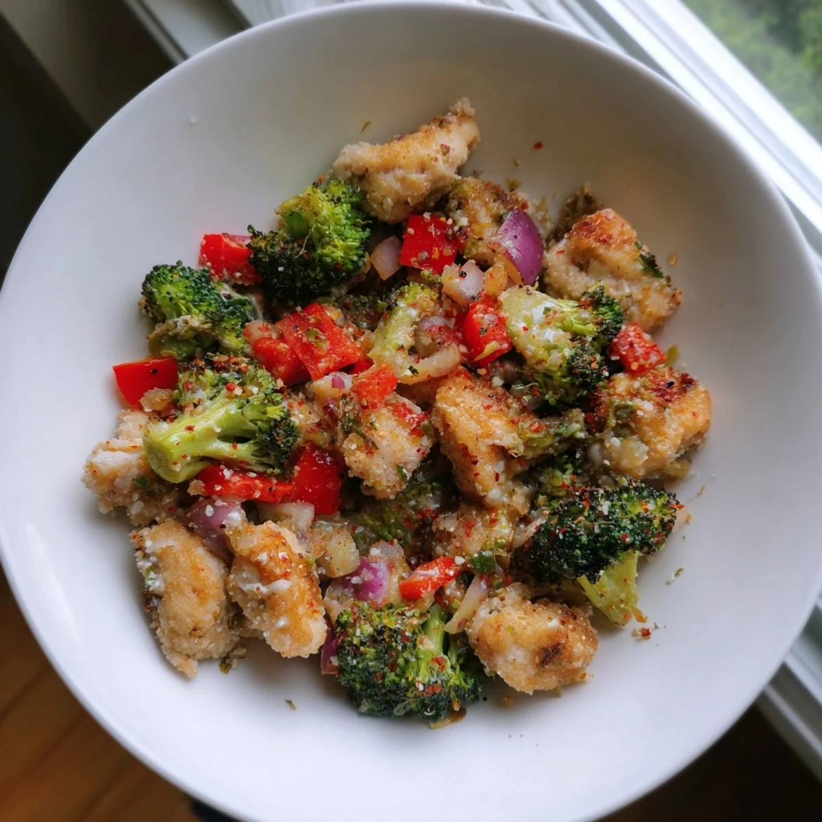 Sheet pan of Garlic Parmesan Chicken Bites, with tender chicken and broccoli, perfect for a quick dinner.