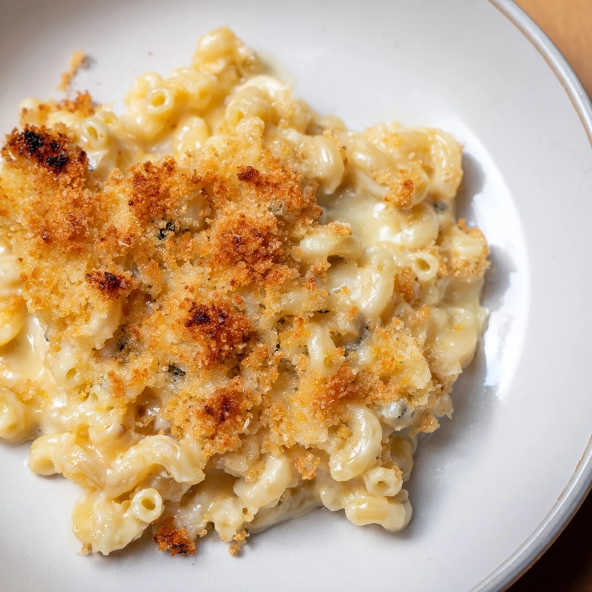 Golden, bubbly Old-Fashioned Baked Mac & Cheese with a crunchy topping ready to serve.