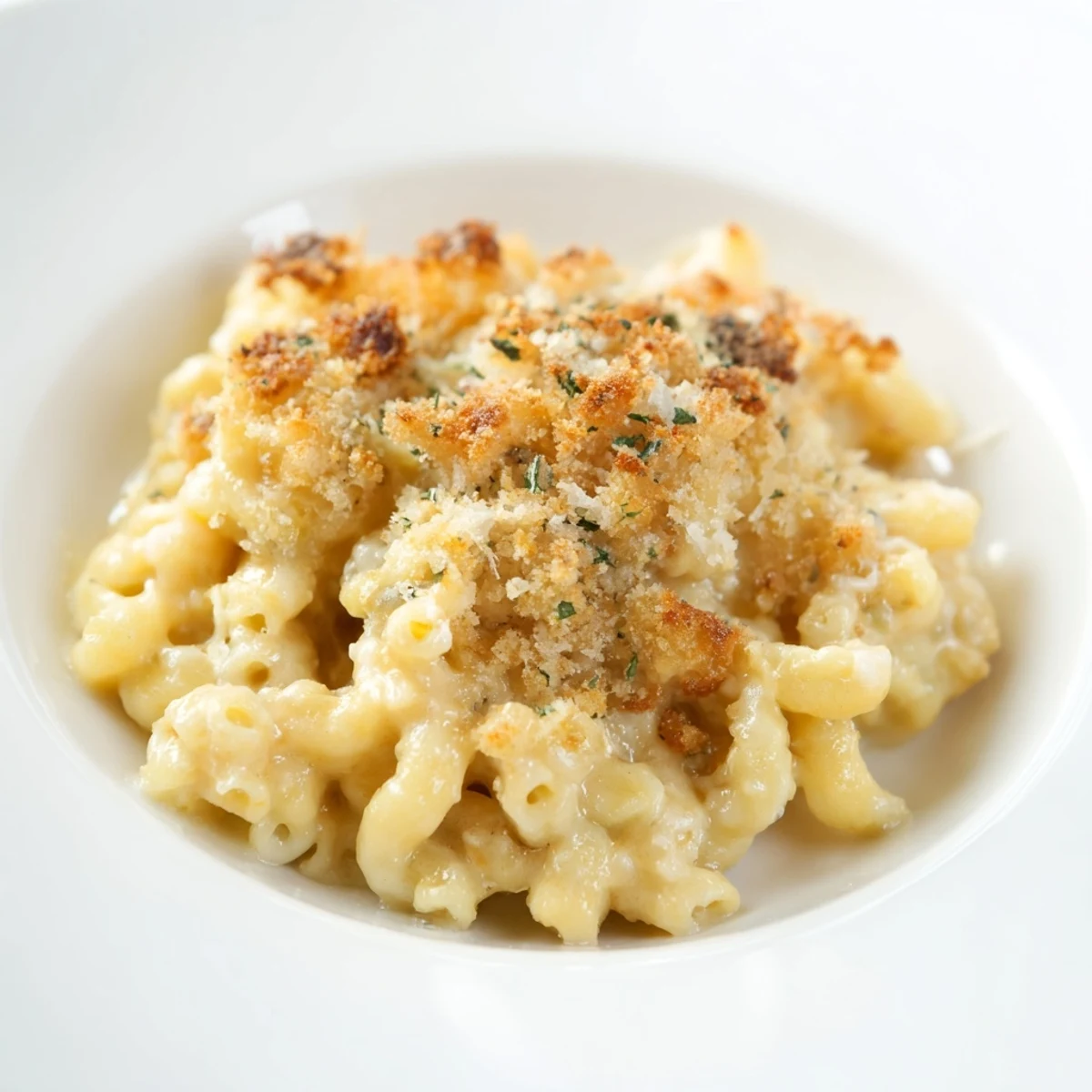 A warm, comforting dish of Old-Fashioned Baked Mac & Cheese bubbling in a baking dish.