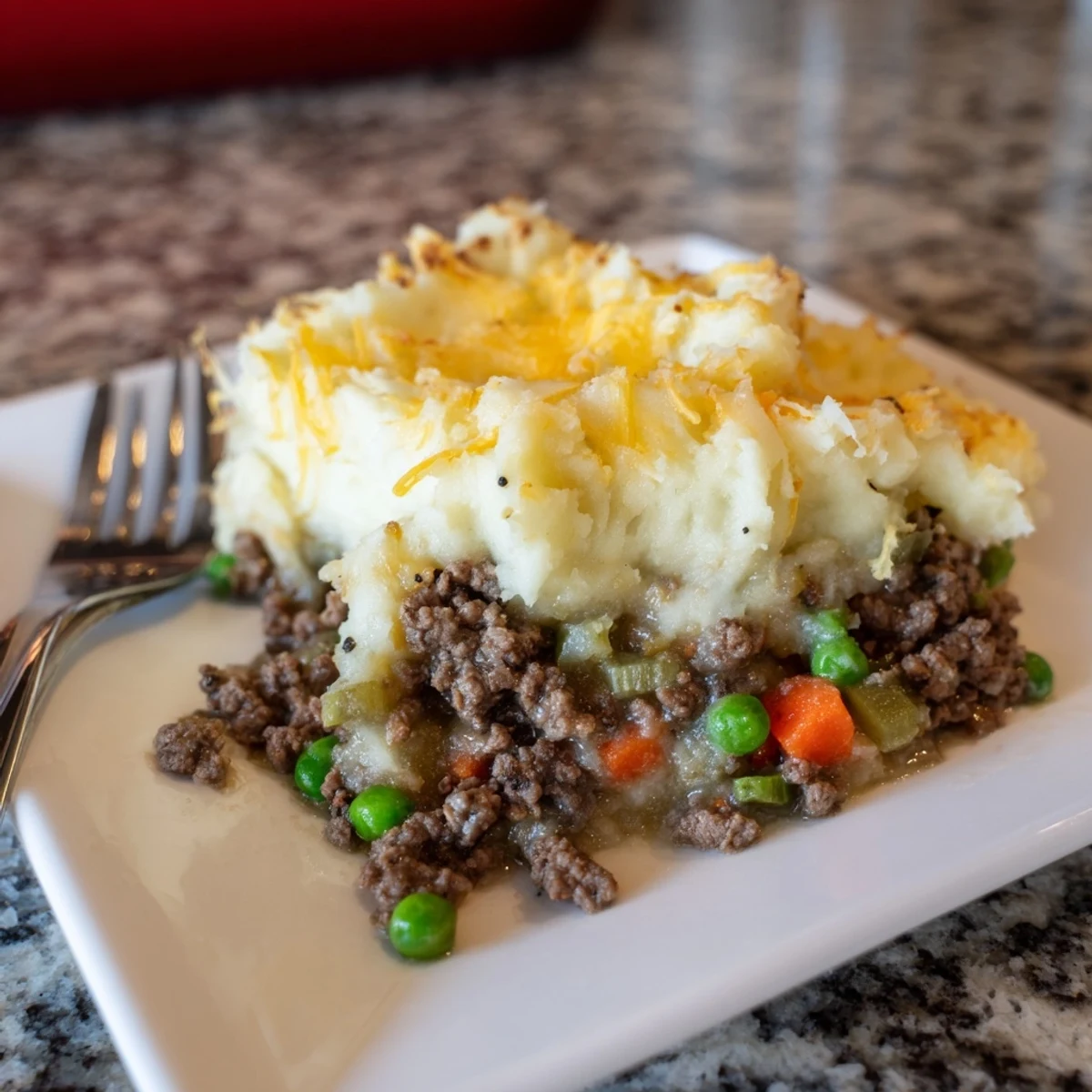 Budget Shepherds Pie with a golden, bubbly cheesy mashed potato topping, ready to serve warm.