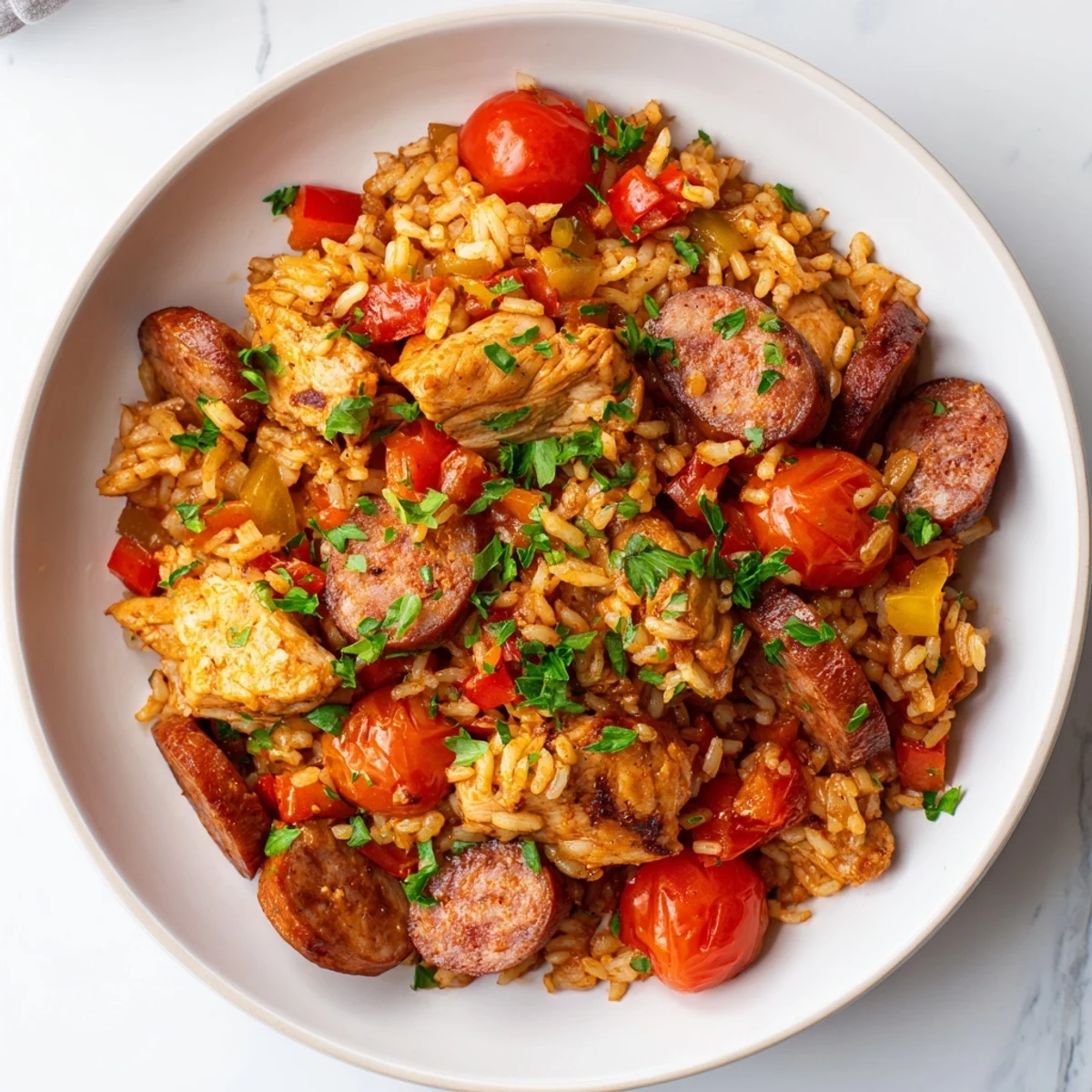 A steaming skillet of Chicken and Chorizo Rice, garnished with fresh parsley, looks appetizing.