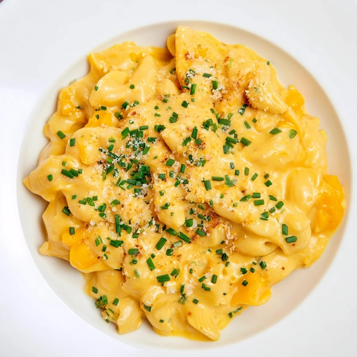 A close-up shot of hot, cheesy one-pot butternut squash mac & cheese, garnished and ready to serve.