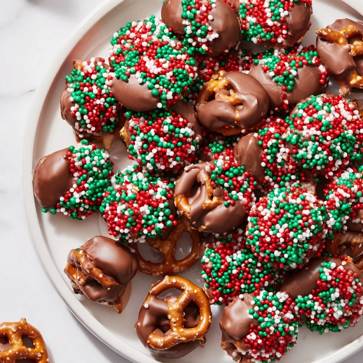 Air Fryer Christmas Pretzel Bites, beautifully arranged, glistening with melted chocolate and festive sprinkles.
