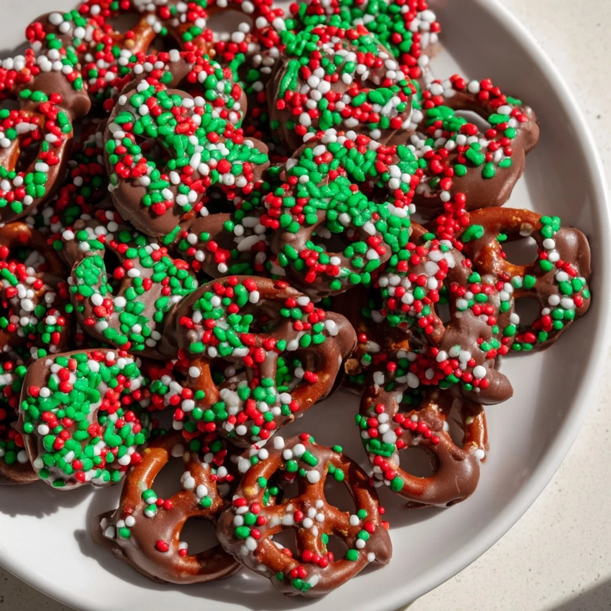 Warm, gooey Air Fryer Christmas Pretzel Bites with red and green sprinkles, ready to be enjoyed.