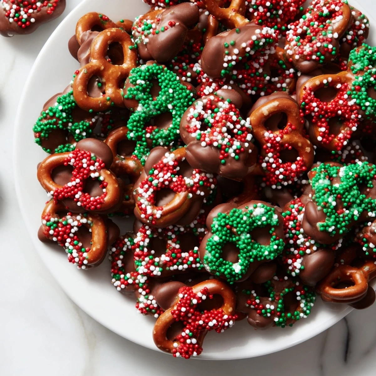 Close-up of golden-brown Air Fryer Christmas Pretzel Bites, a sweet treat with melty chocolate and festive candies.