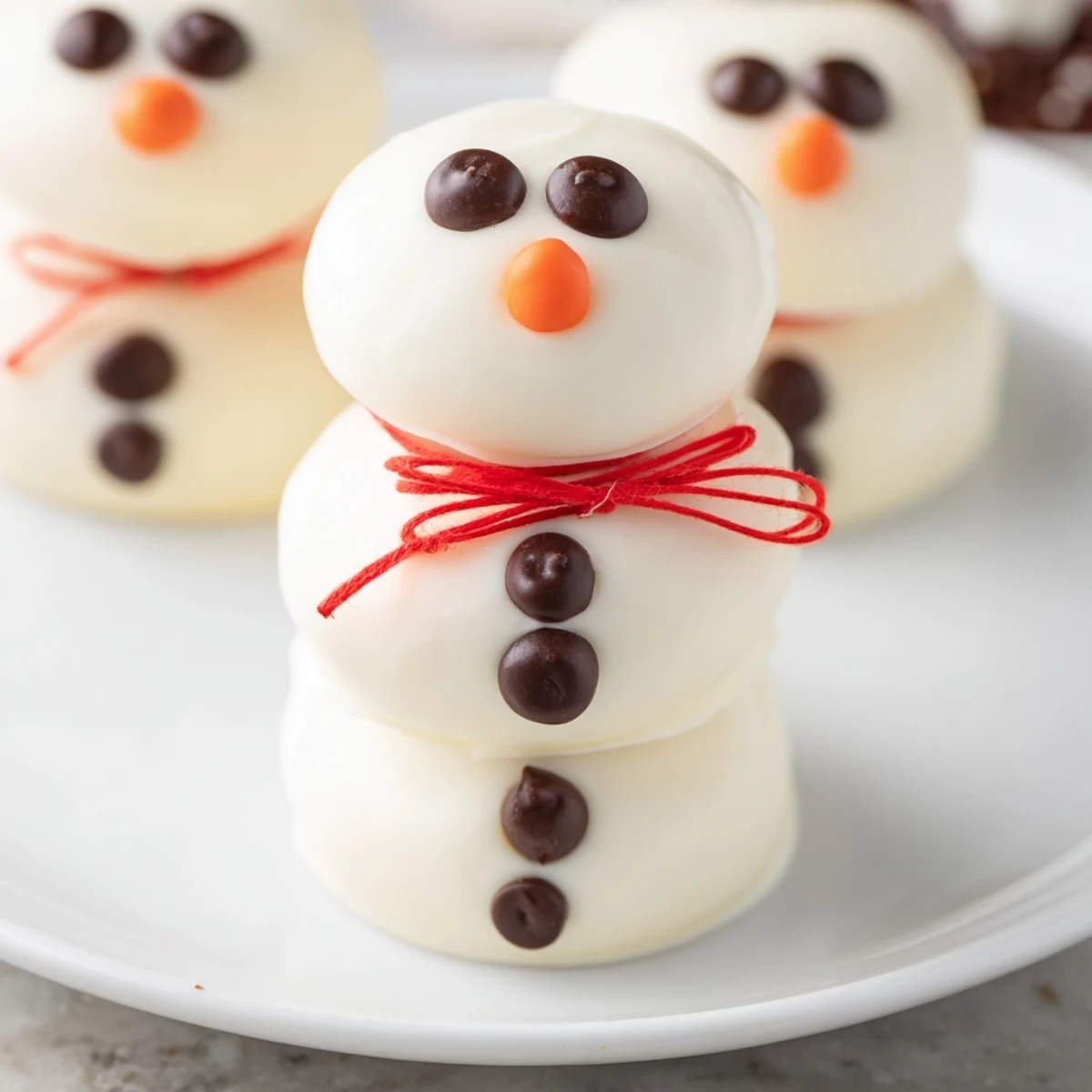 White chocolate-covered Express Snowman Marshmallow Pops, adorned with dark chocolate faces and orange noses.