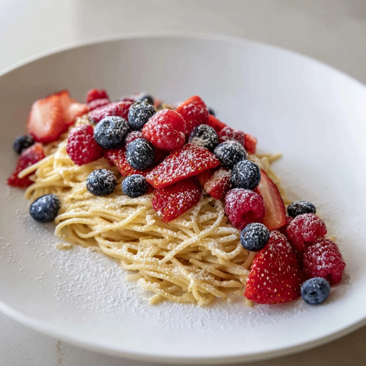 Quick Festive Pancake Spaghetti, a sweet brunch dish, topped with fresh berries and powdered sugar.