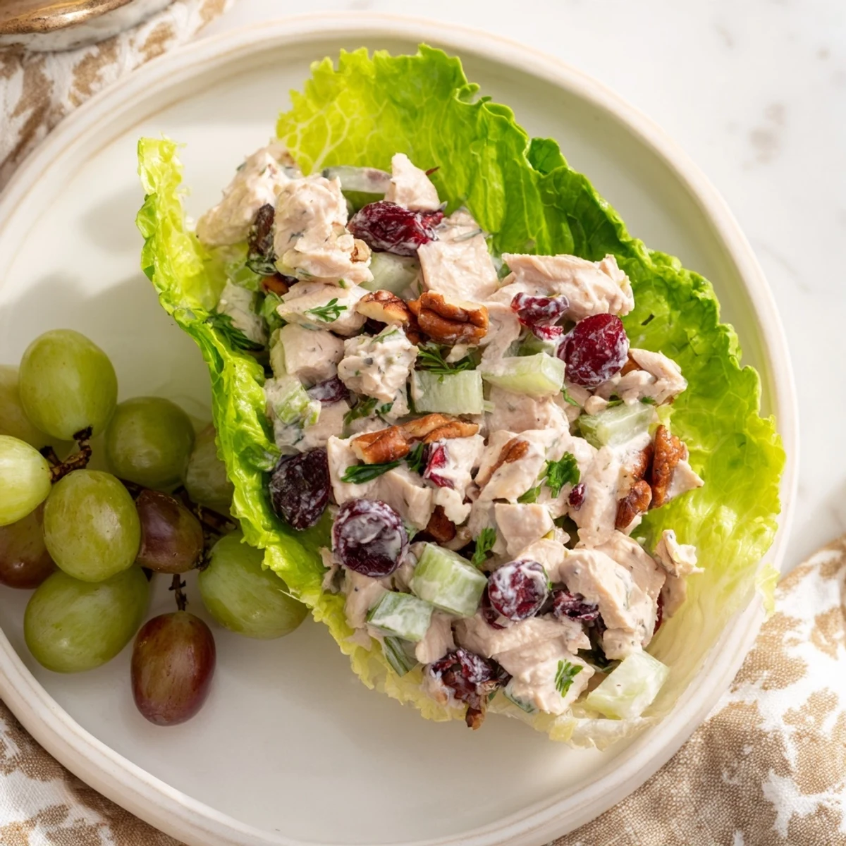 Vibrant image of chilled Simplified Festive Chicken Salad Cups with a creamy dressing, ideal for a party.