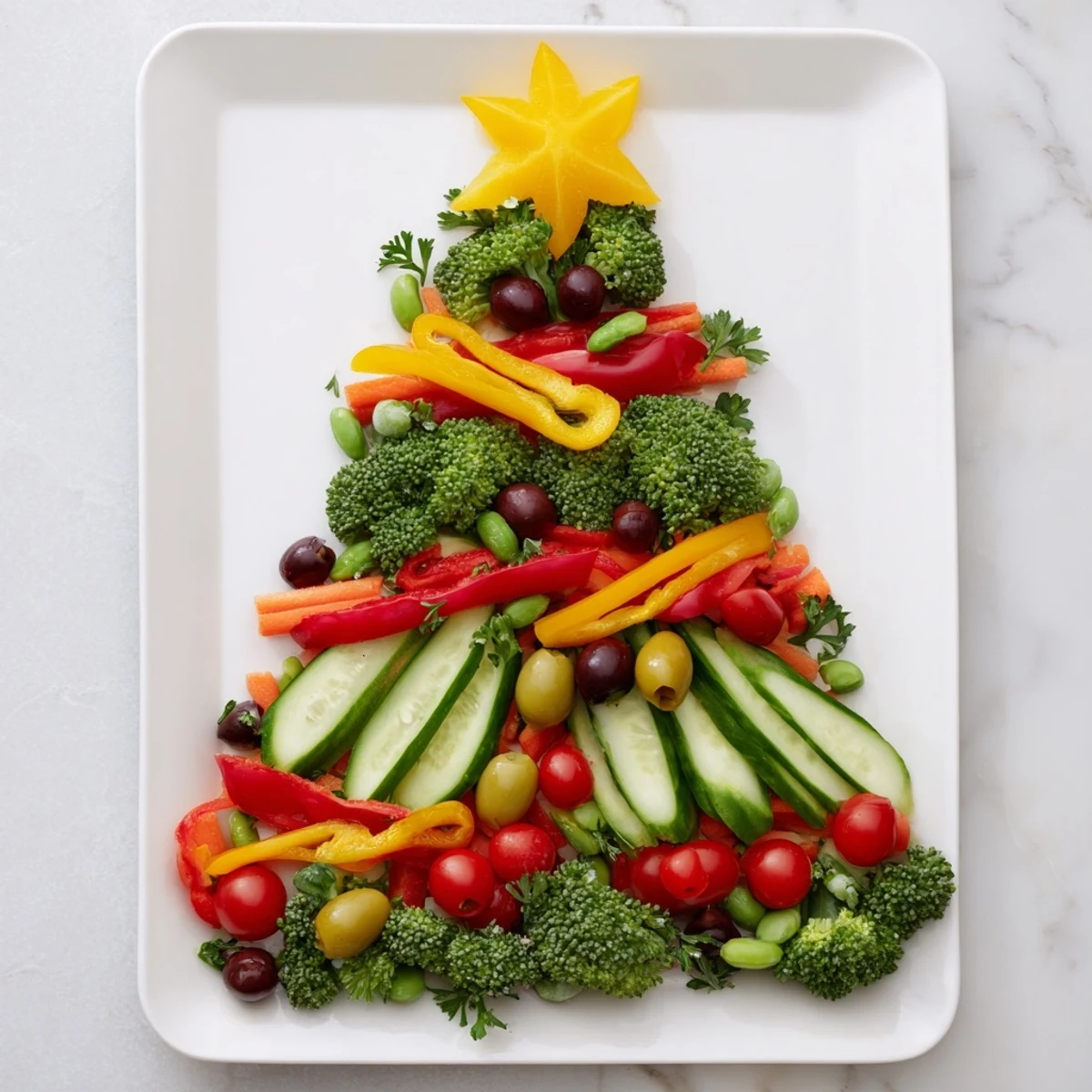 Vibrant Healthy Christmas Veggie Platter Tree with colorful peppers, tomatoes, and broccoli, ready to eat.