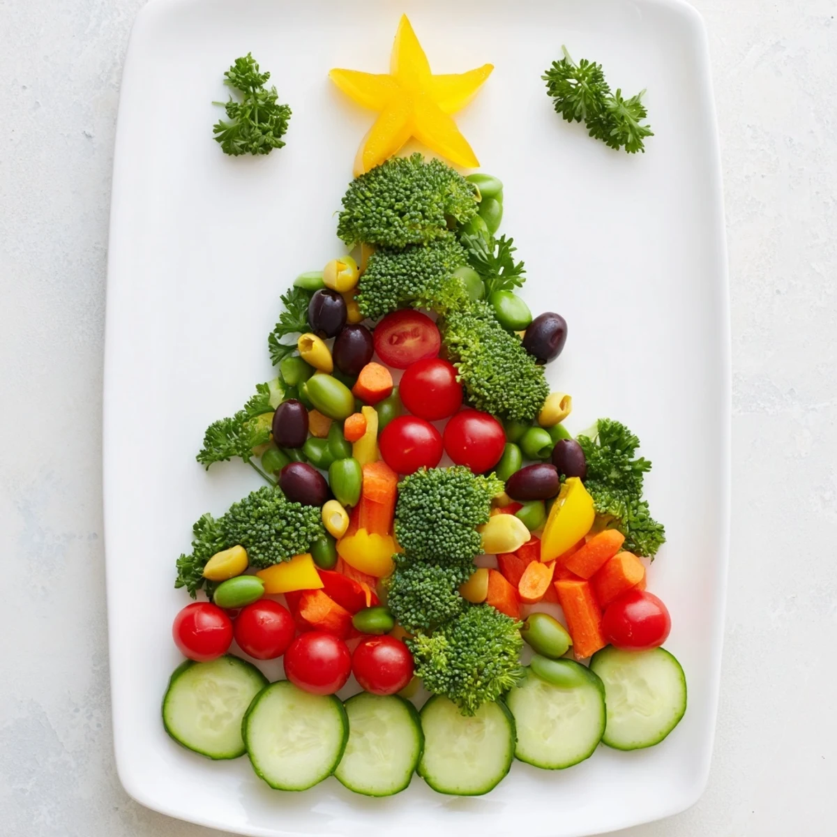 Freshly assembled Healthy Christmas Veggie Platter Tree, a delightful and healthy appetizer for the holiday season.