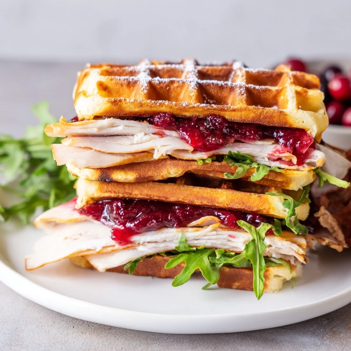 Golden, crispy Easy Holiday Waffle Sandwiches, stacked with turkey, cheese, and cranberry sauce, delicious aroma.