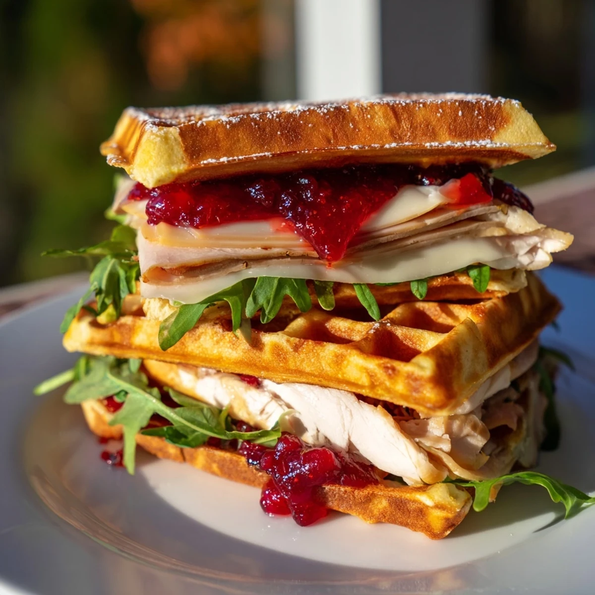 Savory Easy Holiday Waffle Sandwiches showcasing toasted waffles layered with turkey and cranberry, ready to eat.