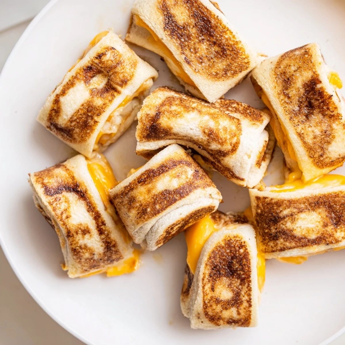 Golden-brown Easy Christmas Grilled Cheese Rollups, filled with melted cheddar, ready for dipping into marinara.