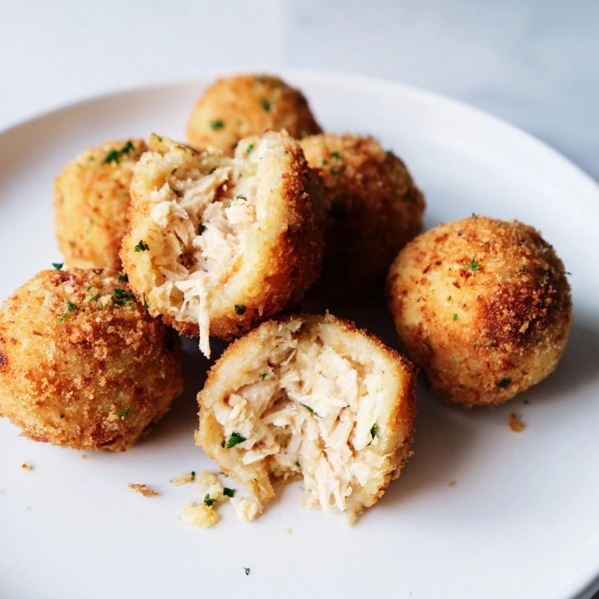 Golden-brown Creamy Chicken & Rice Arancini Balls ready to eat, served with a vibrant red dipping sauce.