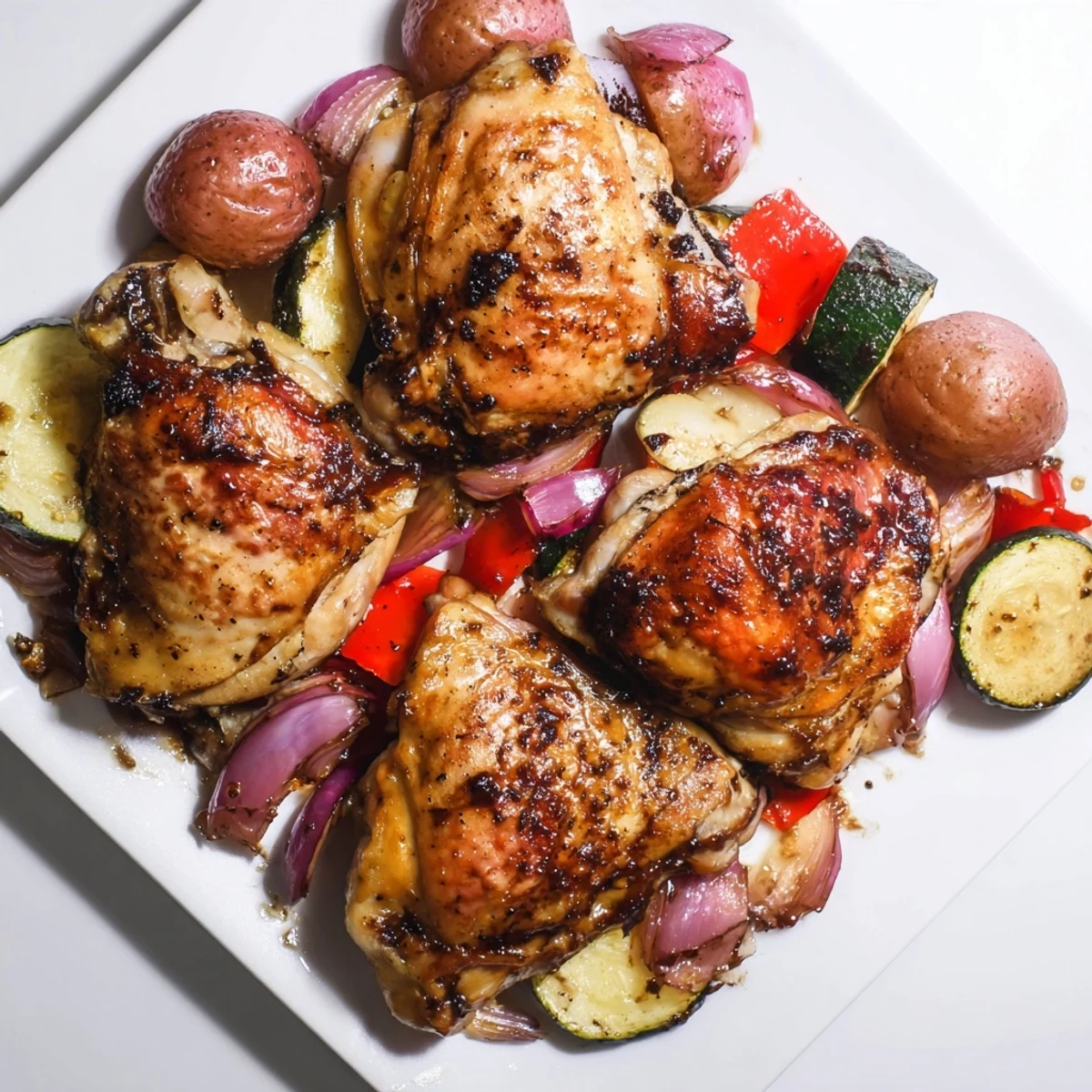 Golden, roasted Black Garlic and Balsamic Chicken Sheet Pan, with tender vegetables perfect for a weeknight dinner.
