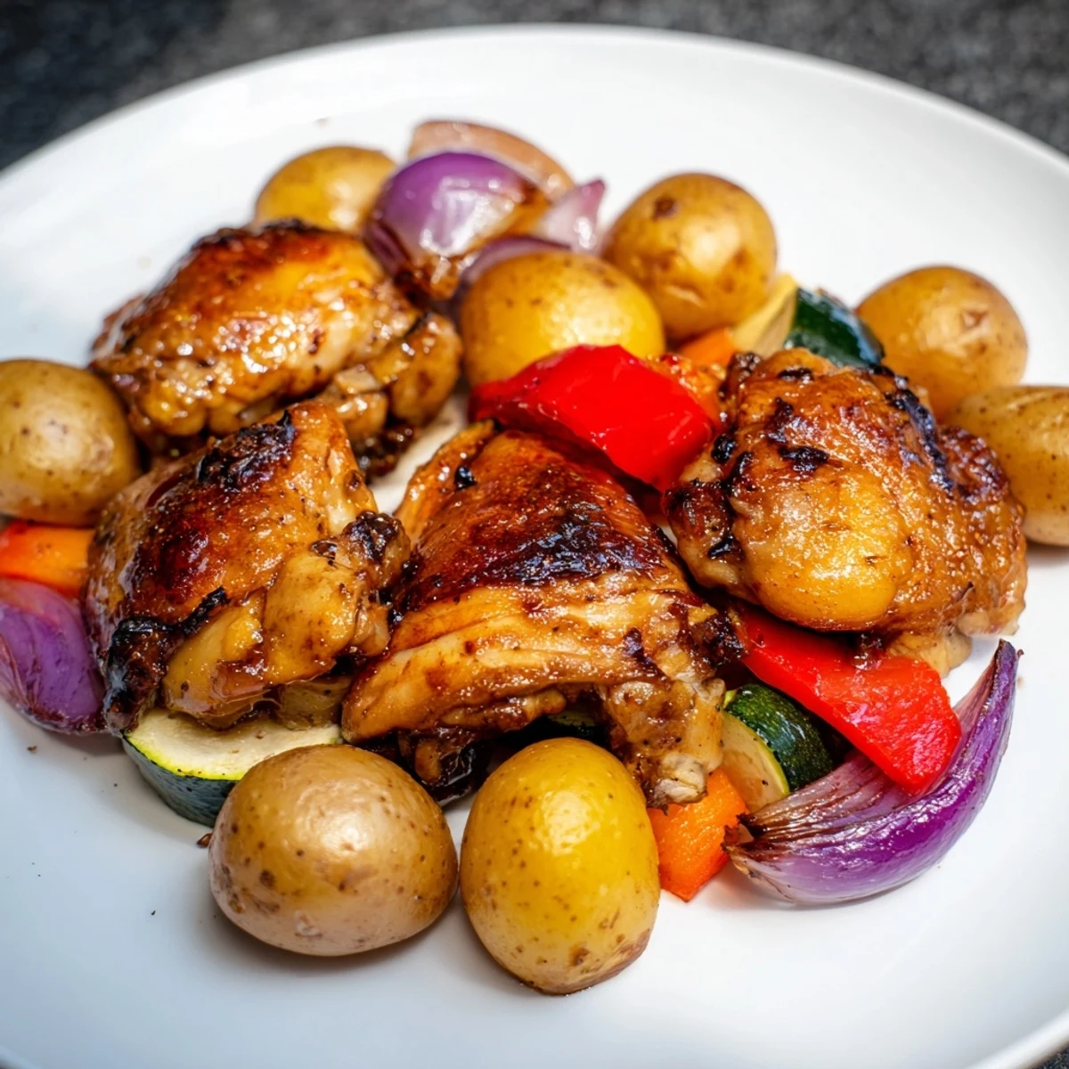 Close-up of juicy Black Garlic and Balsamic Chicken Sheet Pan with crispy skin, ready to be served.