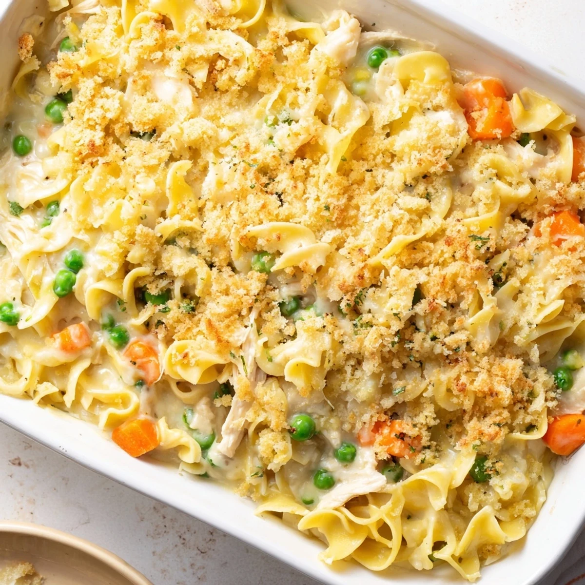 Baked Cream of Chicken Noodle Soup Pasta, bubbling hot with a golden cheesy crust, ready to serve.