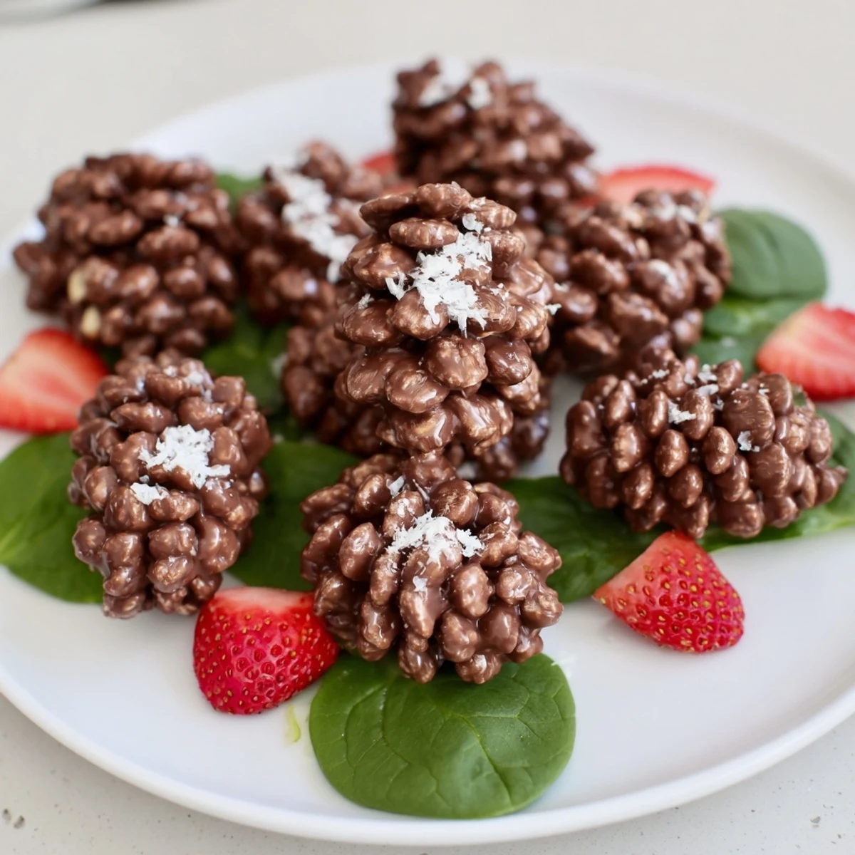 Melting chocolate, fluffy marshmallows, and Coco Pops make this delightful chocolate pinecone dessert salad.