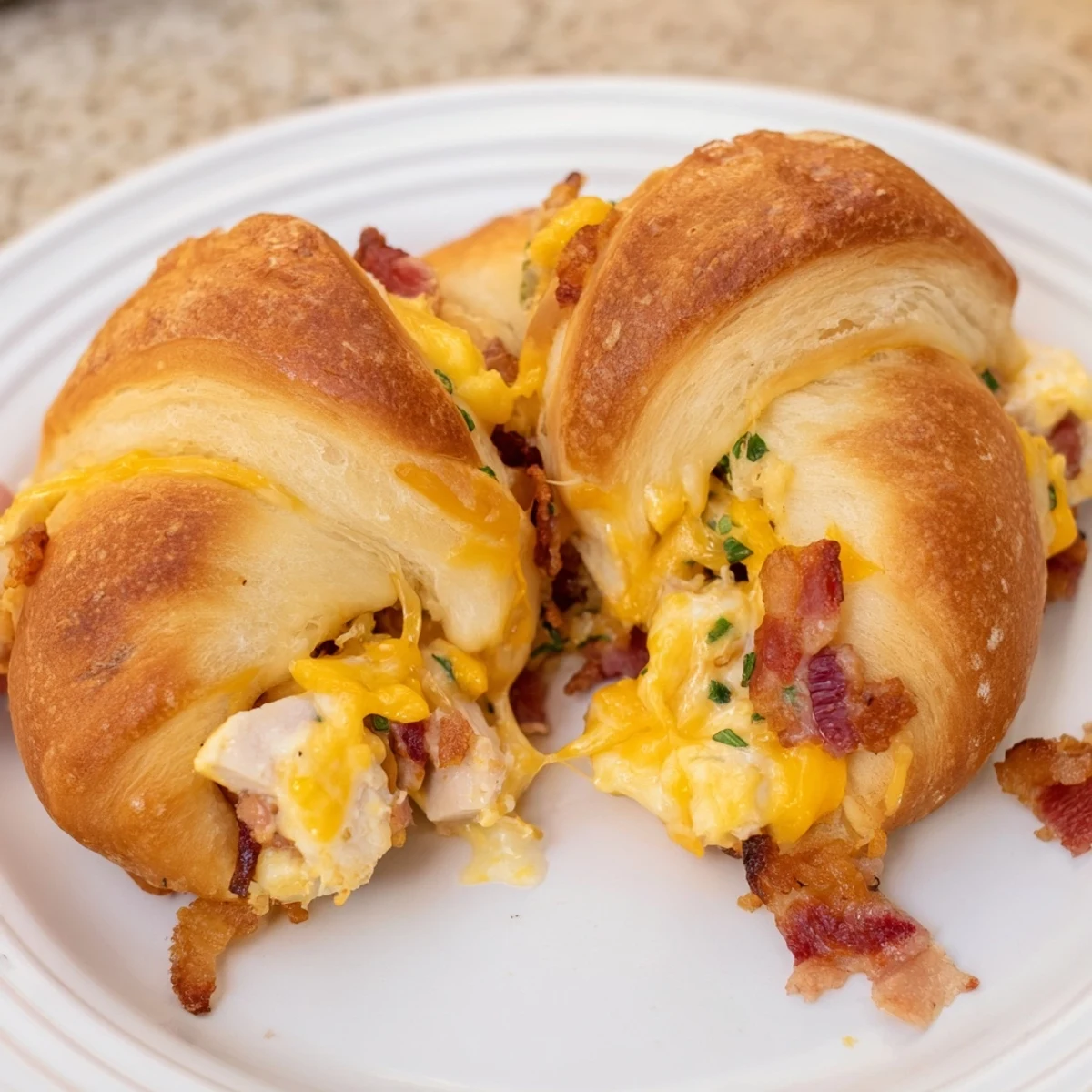 These savory Cheesy Chicken and Bacon Crescent Rolls feature a gooey cheese and chicken filling, ready to enjoy.