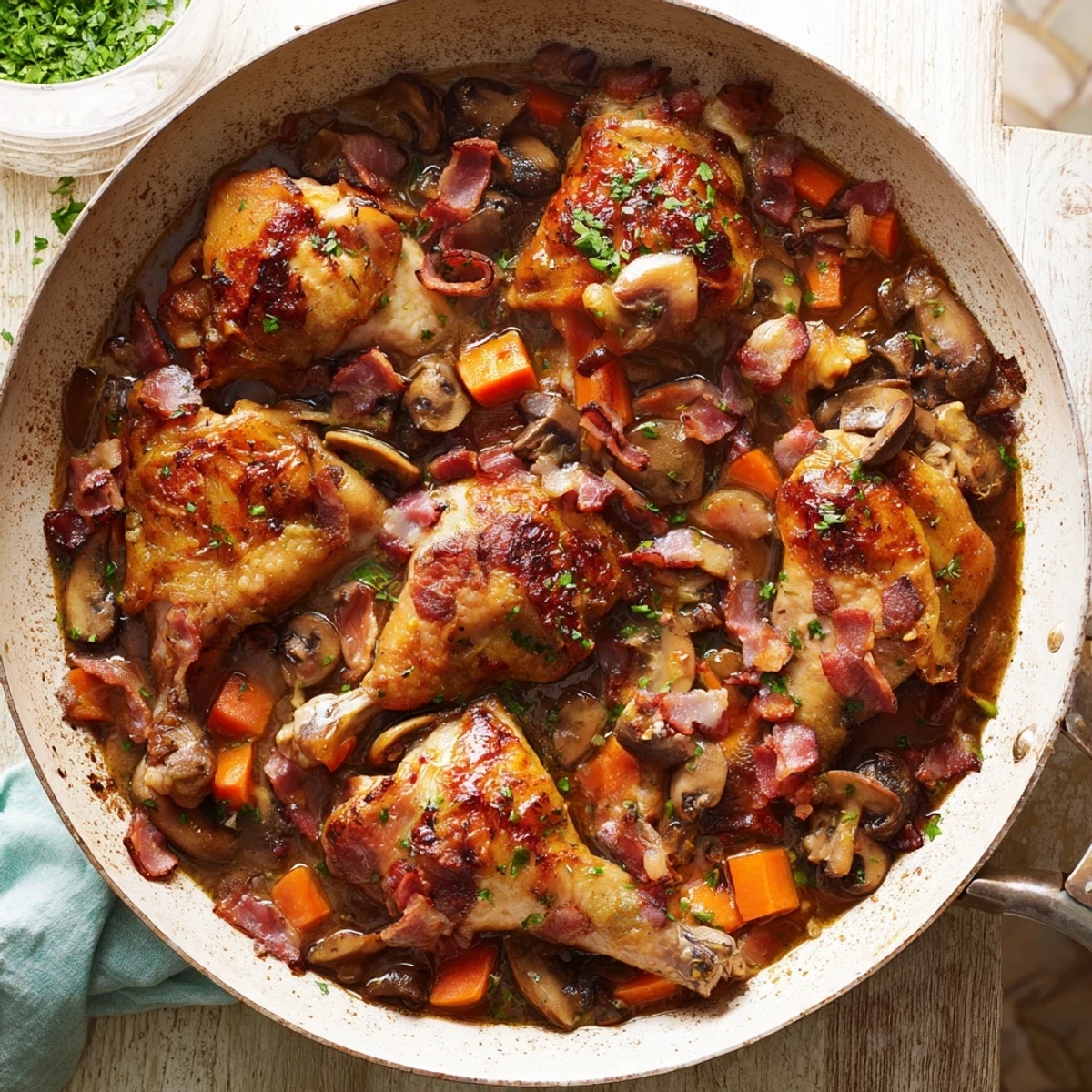 Close-up of the delicious Instant Pot Coq au Vin Style Chicken Thighs, showcasing the juicy meat and vegetables.