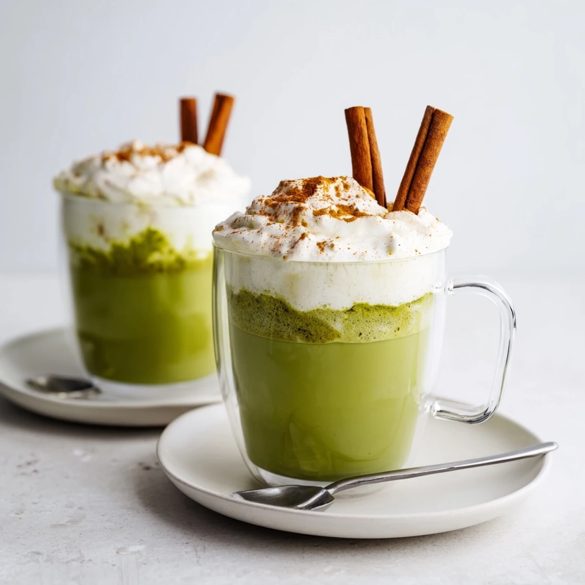 Steaming Maple Cinnamon Gingerbread Matcha Oat Latte garnished with a cinnamon stick, offering warm, spiced comfort.