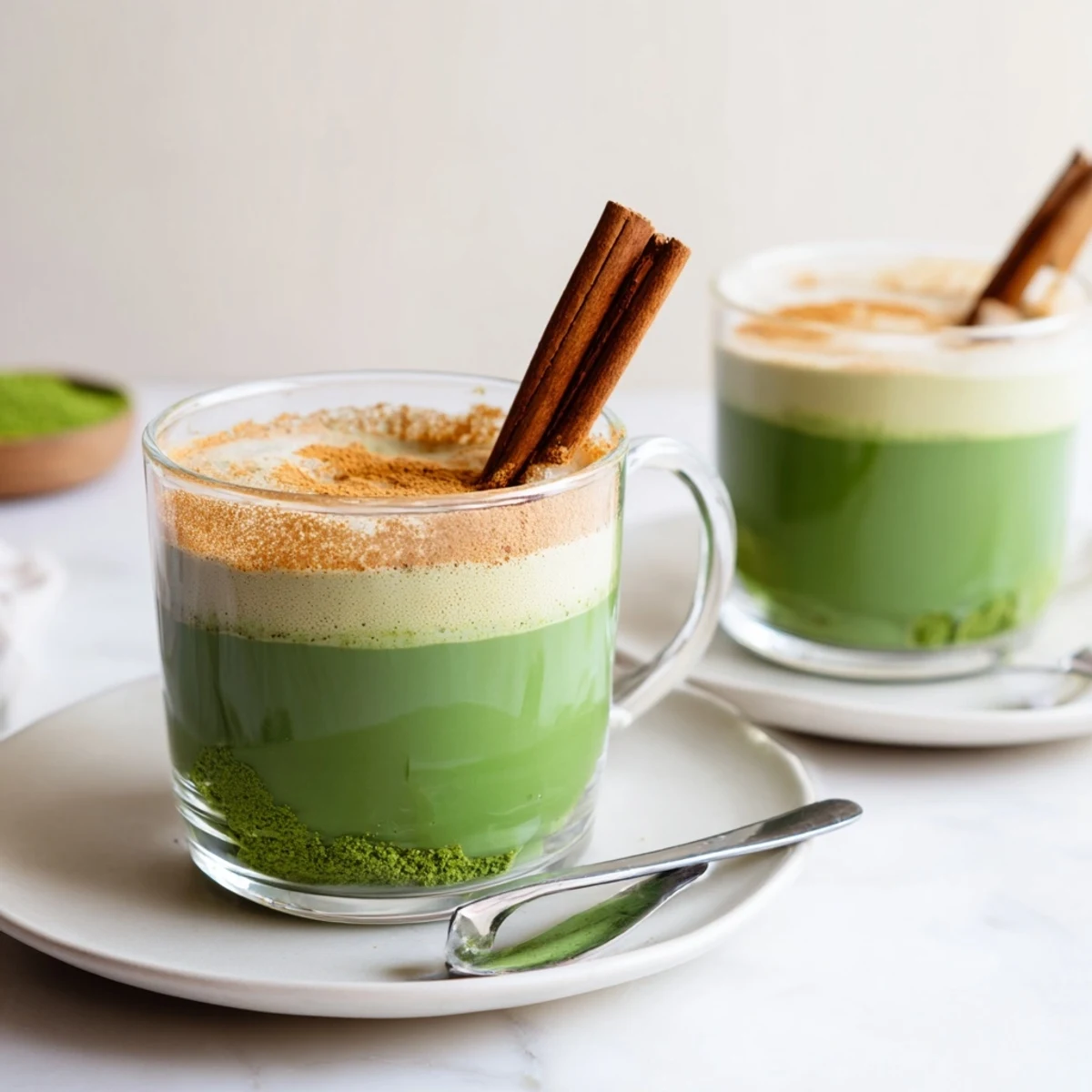 Enjoy a homemade Maple Cinnamon Gingerbread Matcha Oat Latte, a delicious and vegan-friendly spiced drink.