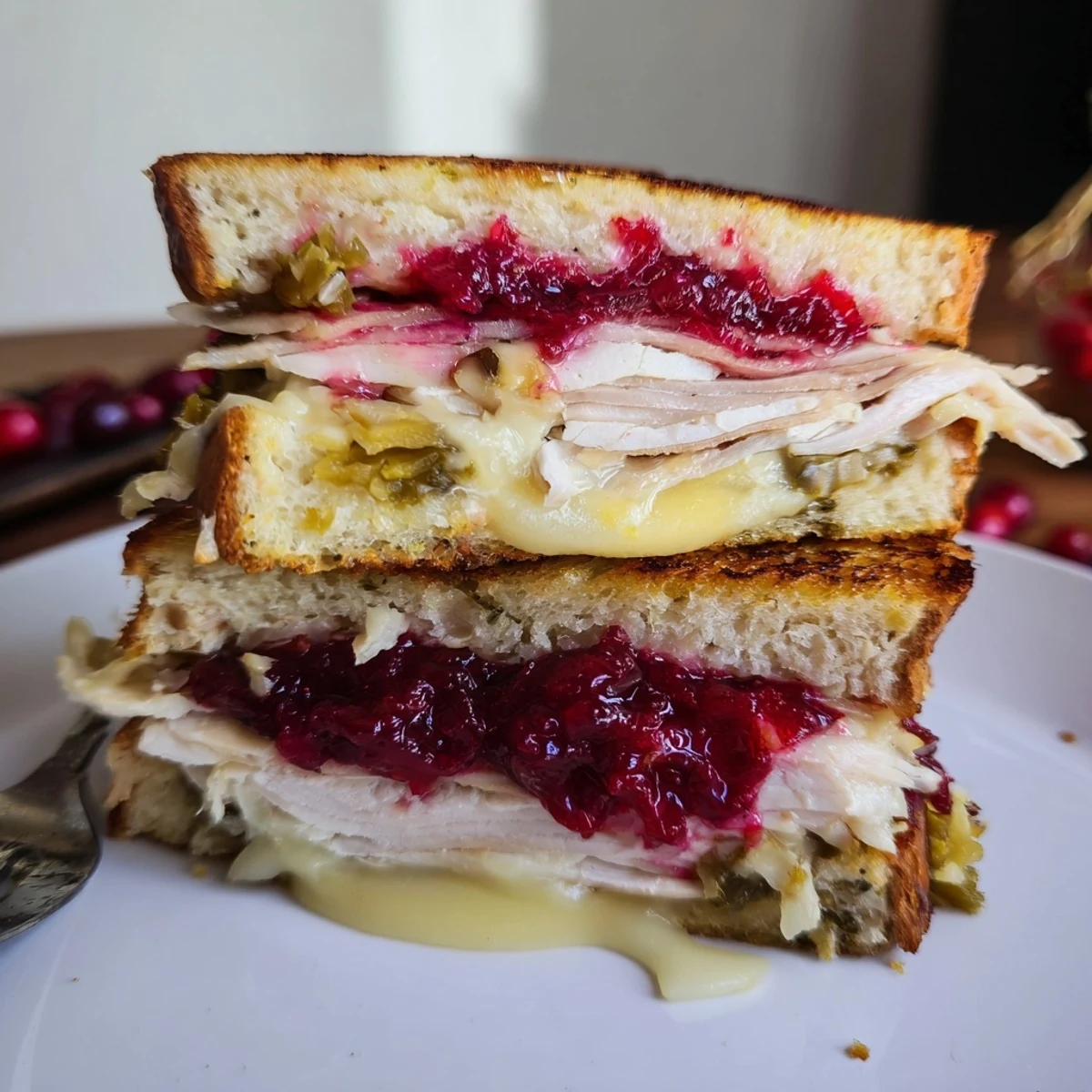 Golden-brown Air Fryer Jalapeño Cranberry Turkey Grilled Cheese, bubbling with melted Swiss and spiced jalapeños.