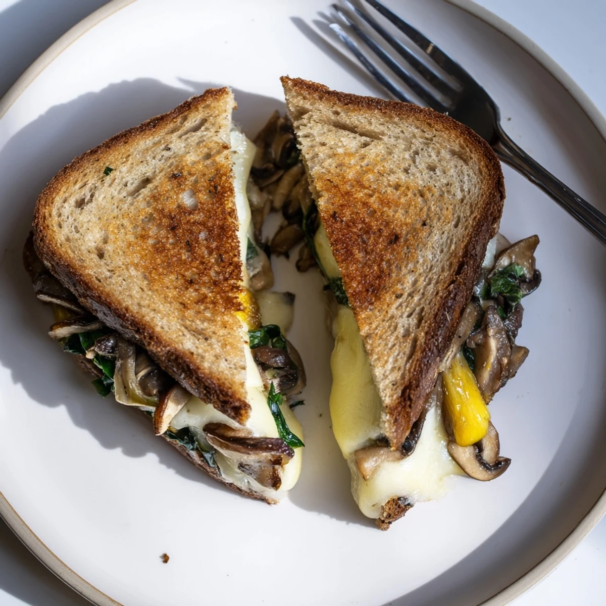 Golden, bubbly Roast Garlic Mushroom & Thyme Grilled Cheese, oozing melted Gruyère, a perfect comfort meal.