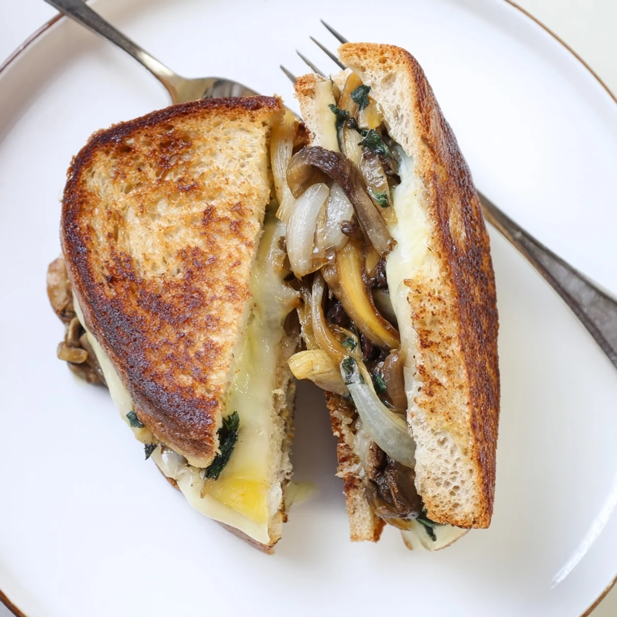 Freshly grilled Roast Garlic Mushroom & Thyme Grilled Cheese served with a side of tomato soup – a delicious, hearty lunch.