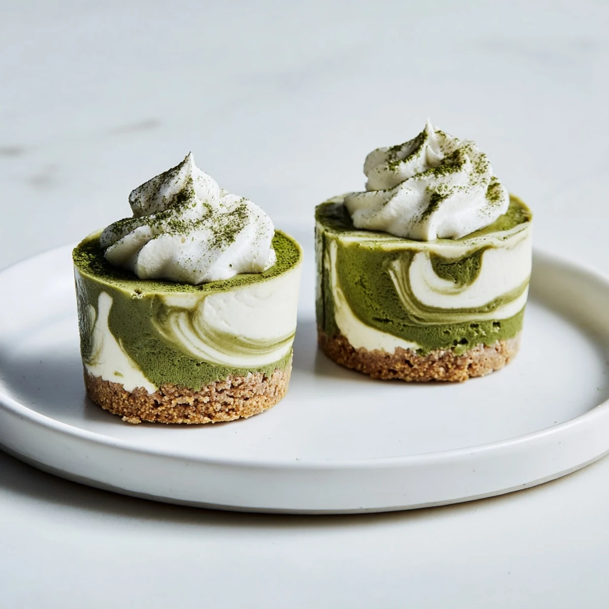 Vibrant green matcha swirls adorn these stunning Matcha Swirl Snowdrift Cheesecake Cups, a delicious and easy treat.