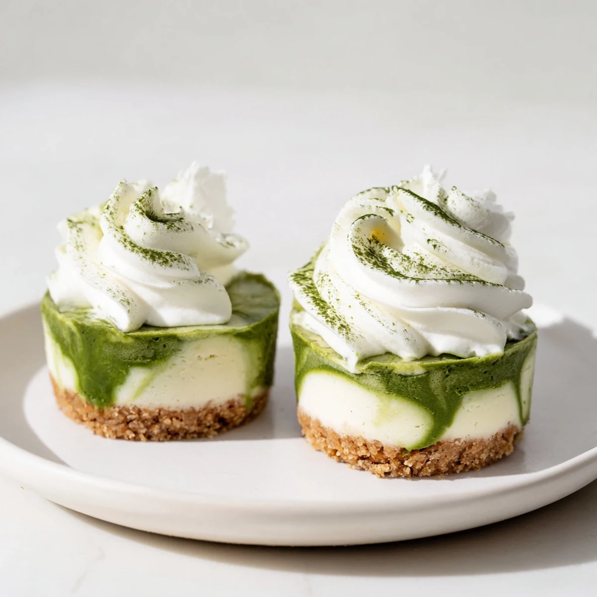 Image of Matcha Swirl Snowdrift Cheesecake Cups, showing creamy swirls and a cookie base.