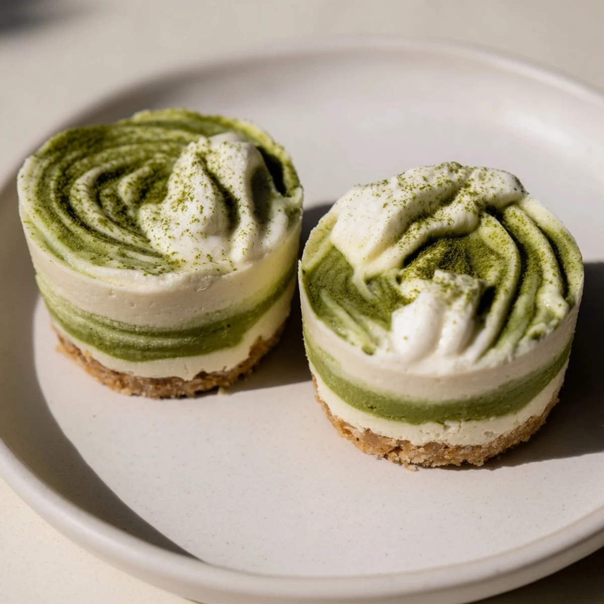 These chilled Matcha Swirl Snowdrift Cheesecake Cups feature a beautiful matcha marble effect, perfect dessert.