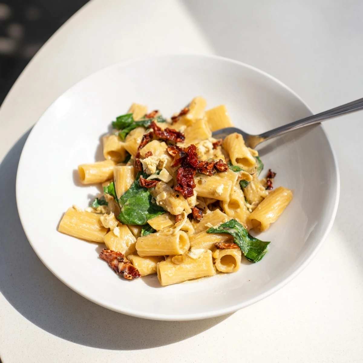 Creamy Sun-Dried Tomato Spinach Cottage Cheese Pasta: a vibrant image of a comforting, Italian-inspired pasta dish perfect for dinner.