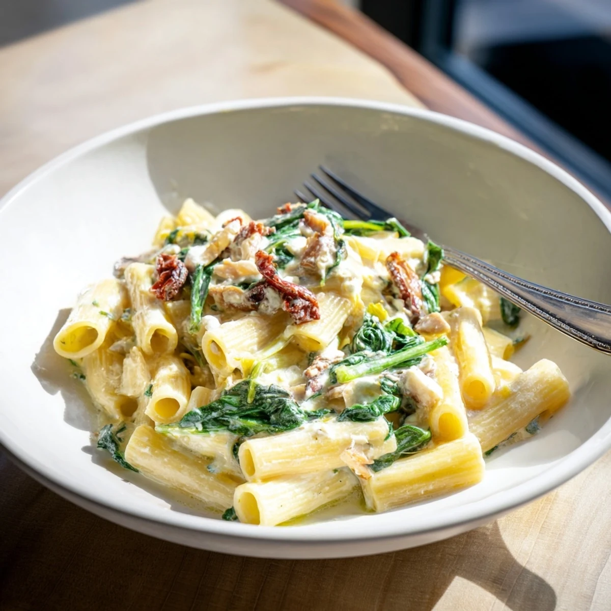 This creamy Sun-Dried Tomato Spinach Cottage Cheese Pasta, ready in minutes, looks and smells delicious with parmesan.