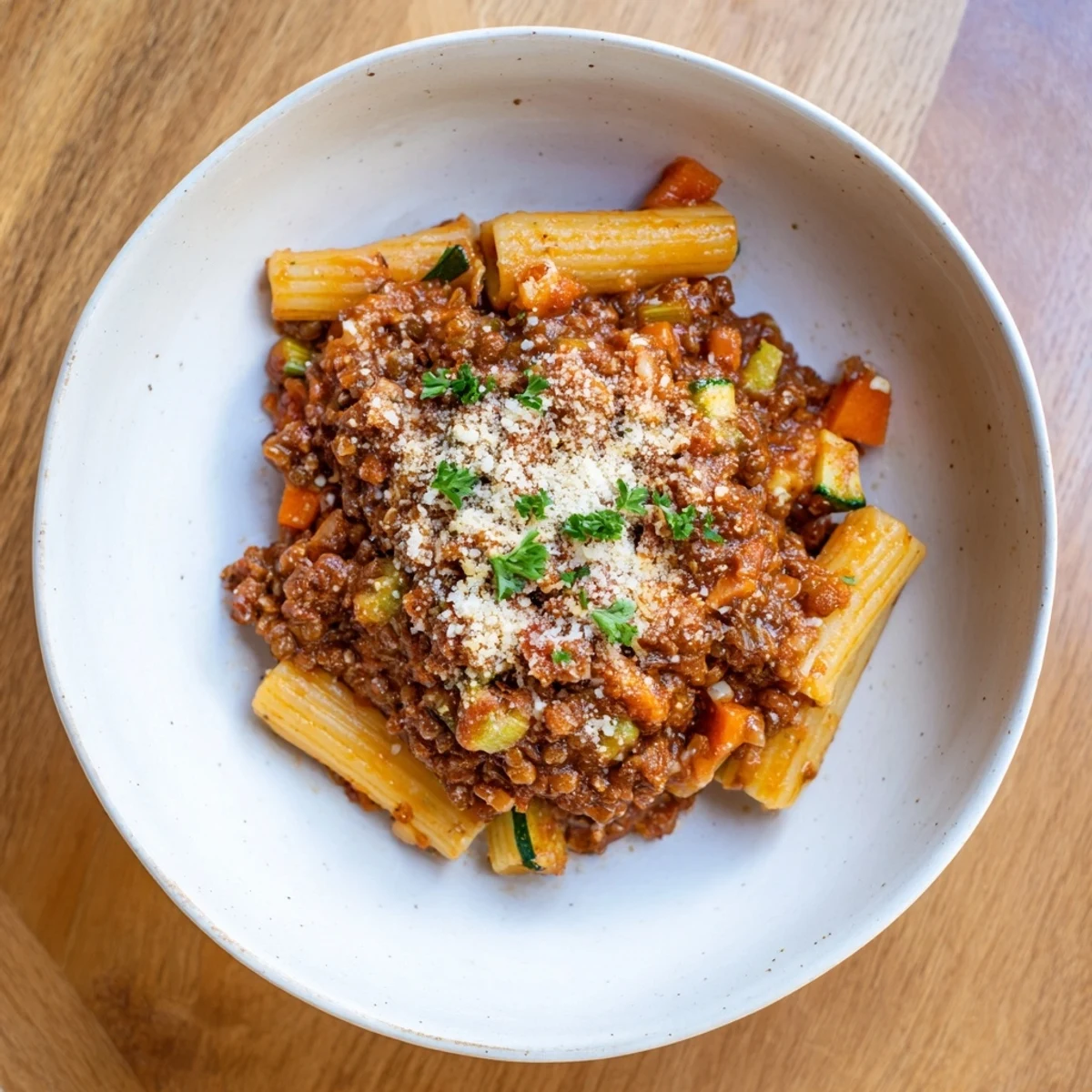Steaming bowl of High-Fiber Lentil Bolognese, a hearty pasta dish with vibrant holiday garnishes.