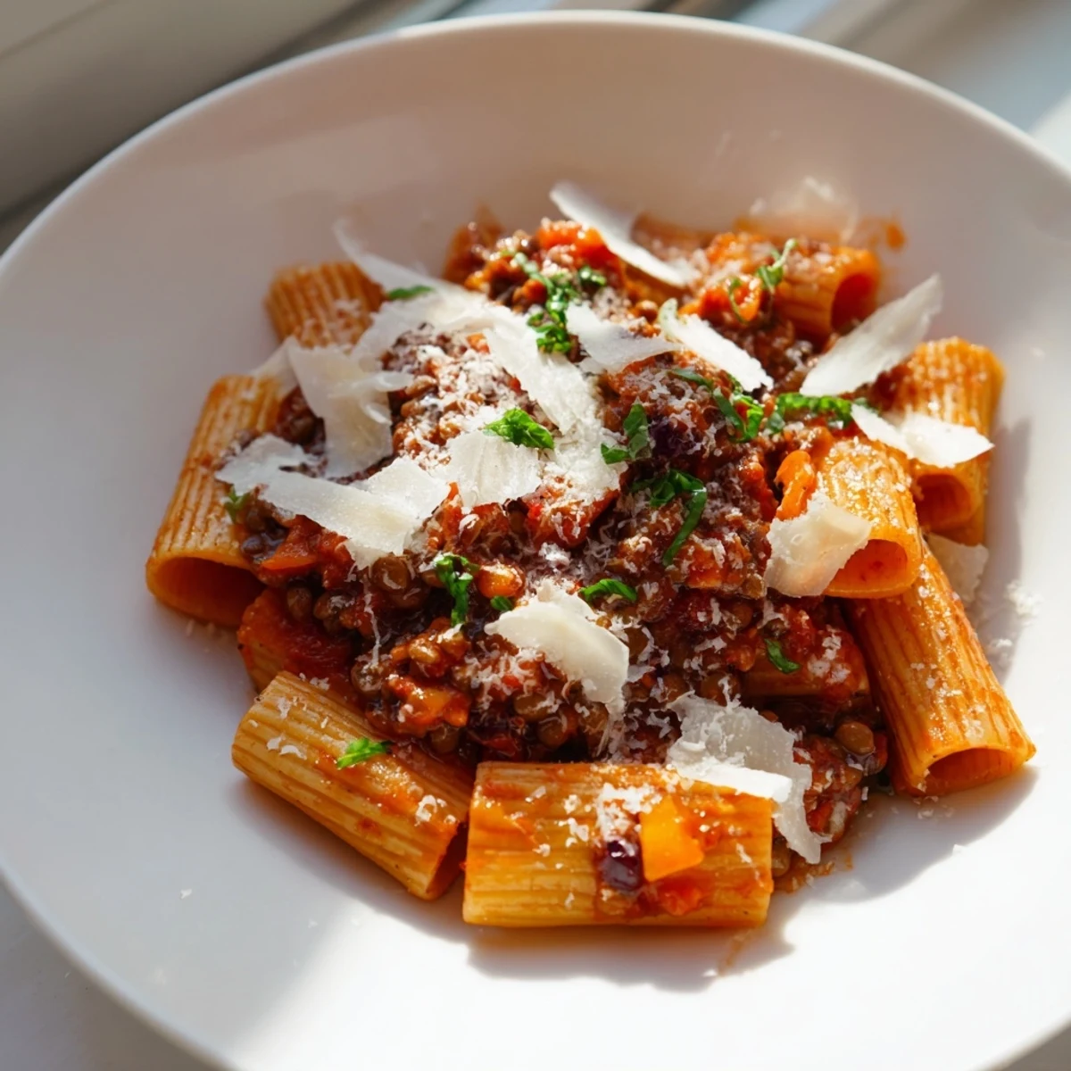 Vibrant plate of High-Fiber Lentil Bolognese, featuring rich lentil sauce and colorful festive toppings.