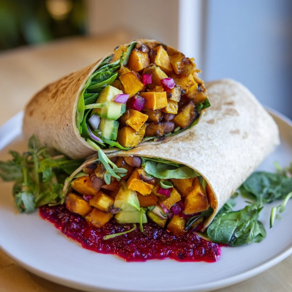 Warm, colorful photo: a Roasted Sweet Potato & Black Bean Holiday Wrap, ready to eat with lime slices.