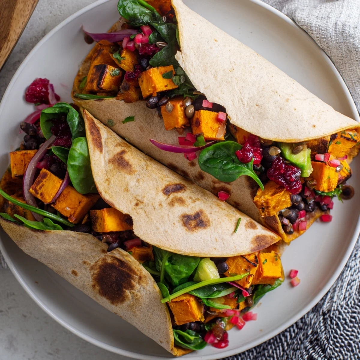 Savory Roasted Sweet Potato & Black Bean Holiday Wrap, with roasted vegetables and a perfect tortilla fold.