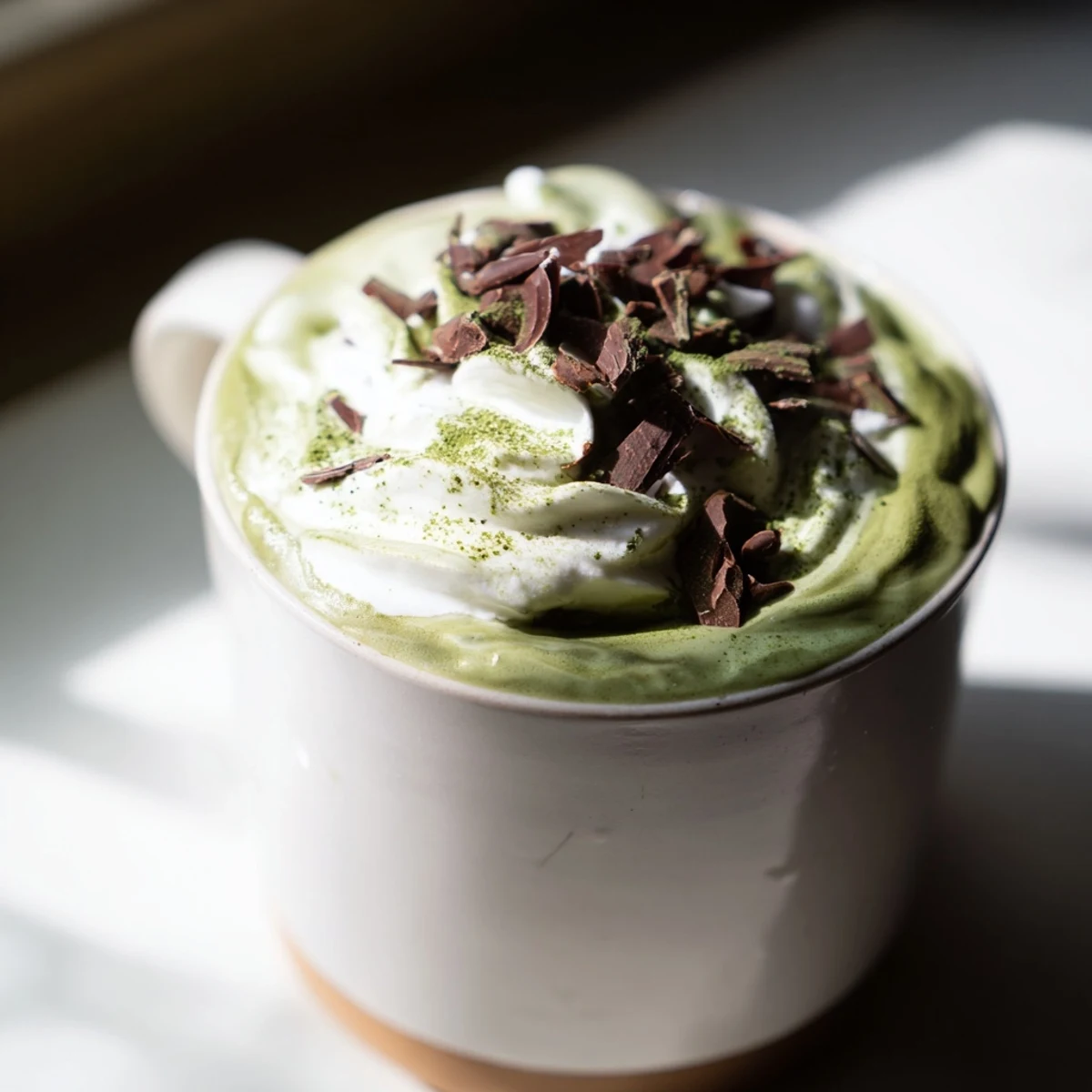 Steaming Matcha Hot Cocoa Protein Mug topped with whipped cream and chocolate shavings; a cozy beverage.