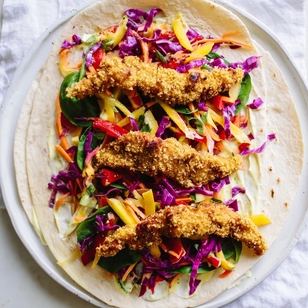Crispy Candy Cane Crunch Chicken Veggie Wrap, served warm, with colorful veggies and a yogurt dressing.