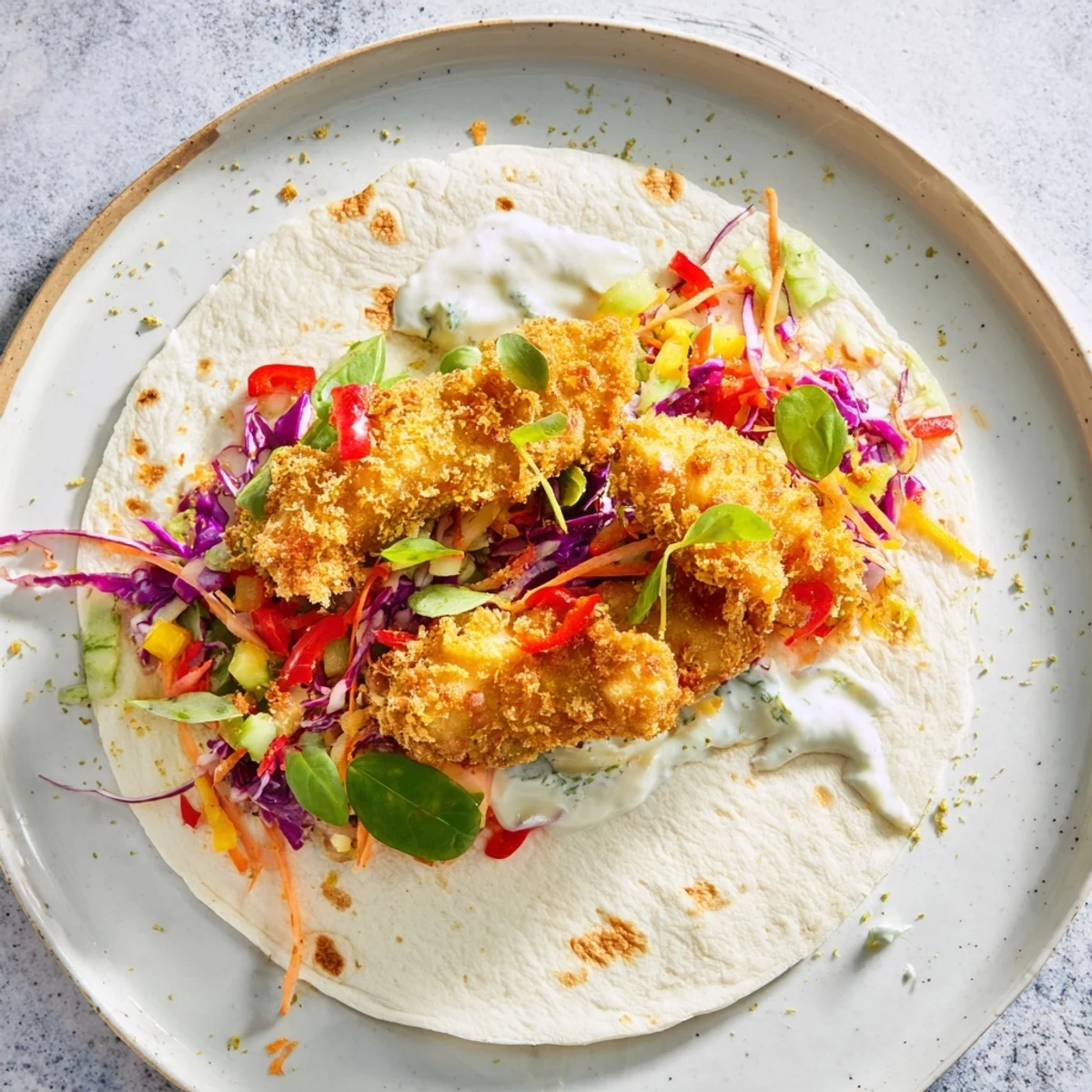 Close-up of a festive Candy Cane Crunch Chicken Veggie Wrap, showcasing the crunchy chicken and fillings.
