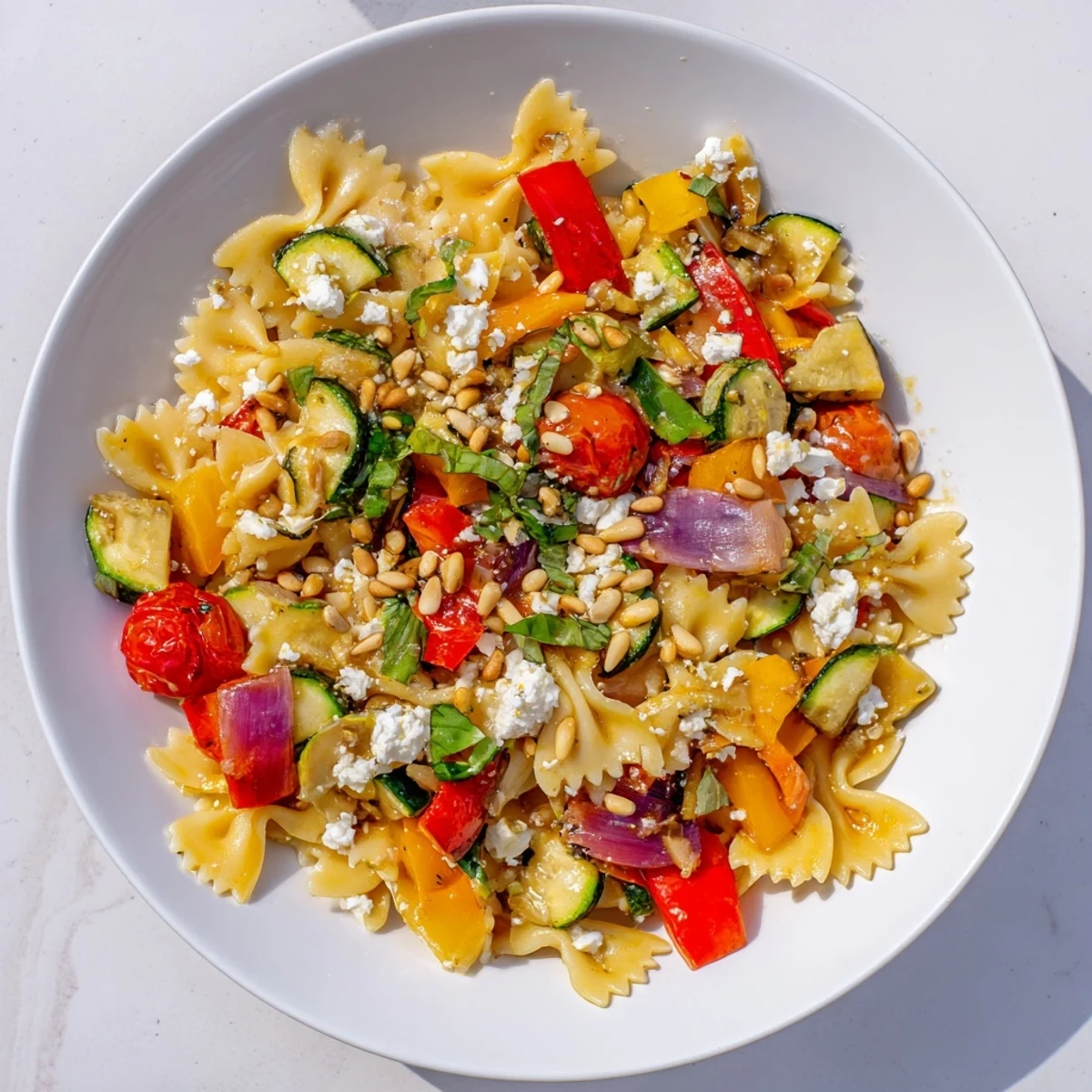 A colorful bowl of Festive Bow Tie Pasta Platter, tossed with roasted vegetables and herbs, ready to serve.