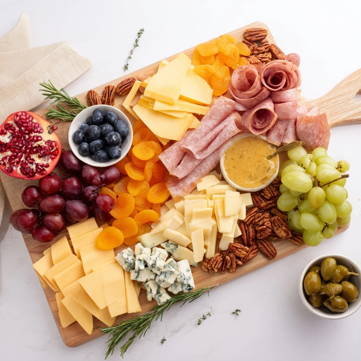 A beautifully arranged Sleigh Ride Charcuterie board overflowing with cheeses, meats, and seasonal winter fruits.